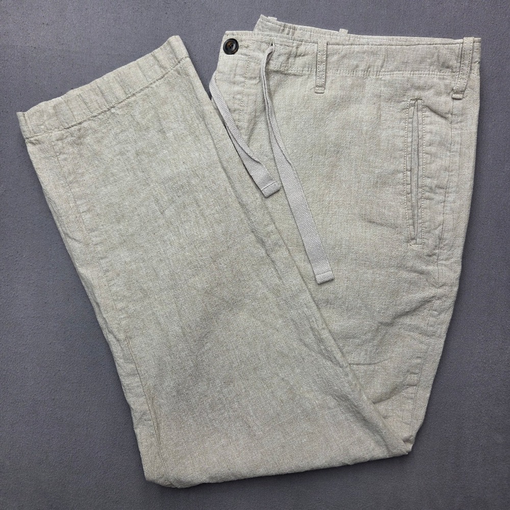 Perry Ellis Mens 38x30 Linen Blend Drawstring Pants Beige Straight Leg Size